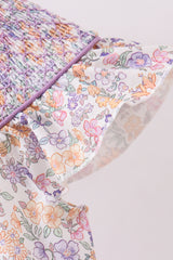 Purple floral smocked ruffle bubble