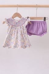 Purple floral smocked ruffle bloomer set