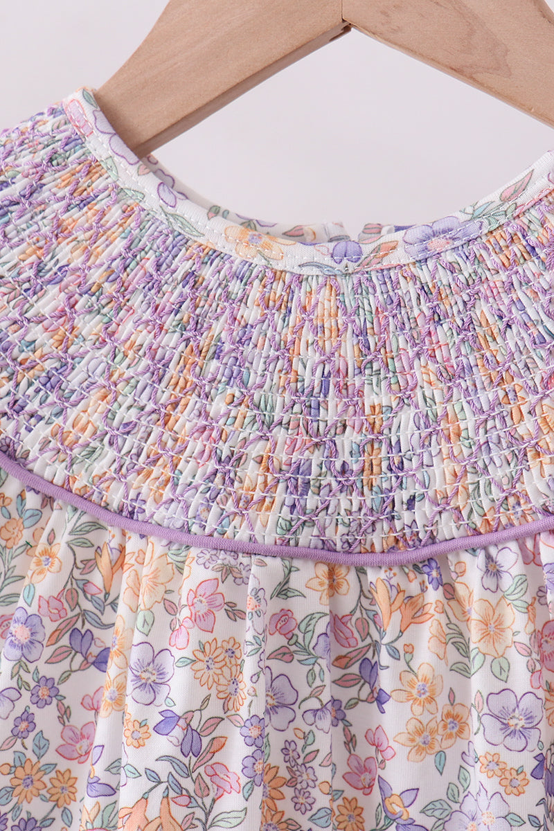 Purple floral smocked ruffle shorts set