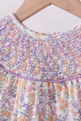 Purple floral smocked ruffle shorts set