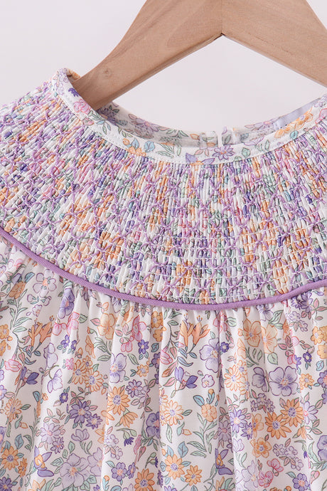 Purple floral smocked ruffle dress
