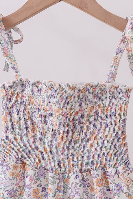 Purple floral smocked ruffle jumpsuit