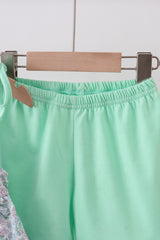 Green floral print ruffle shorts set