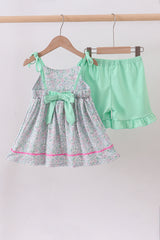 Green floral print ruffle shorts set