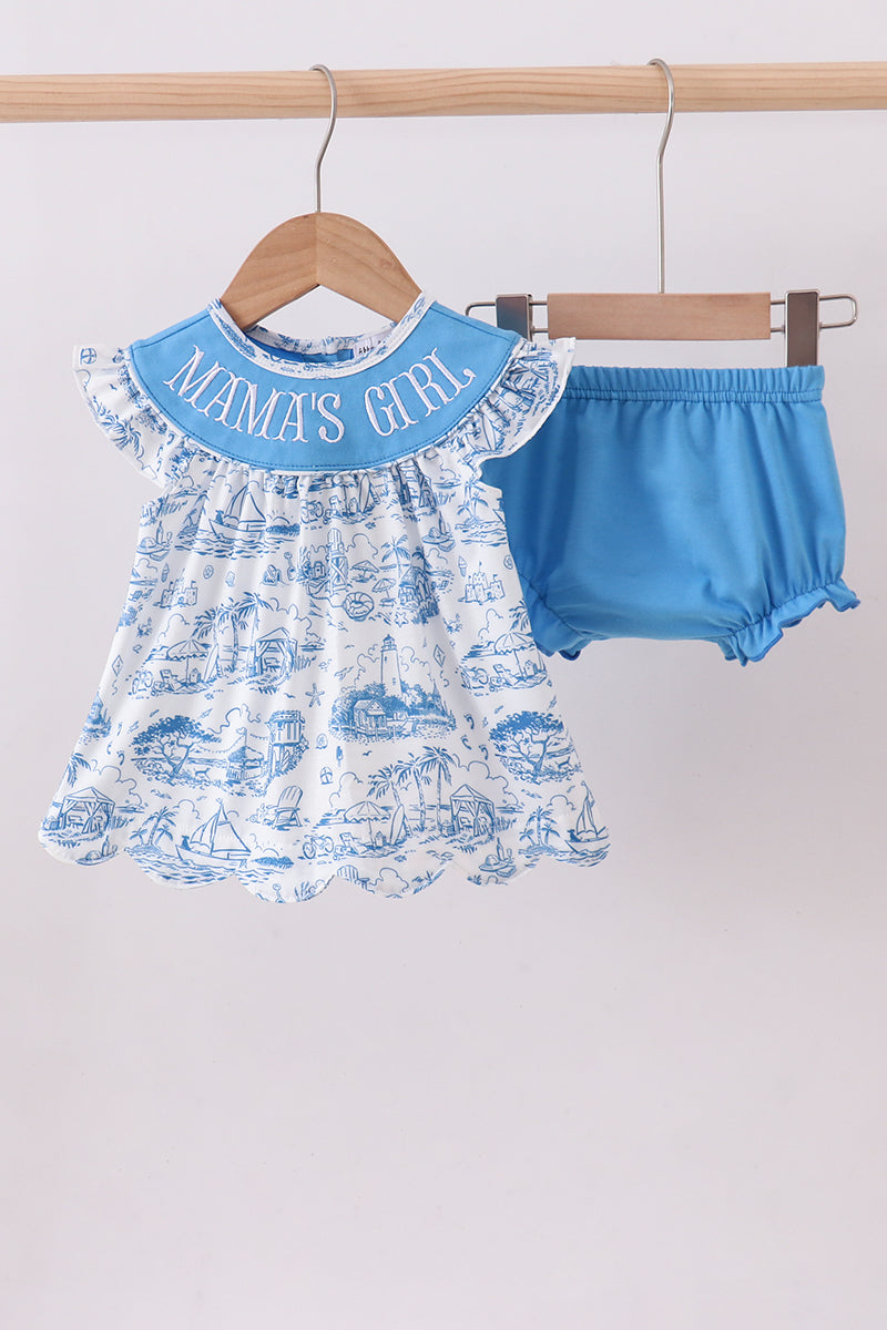 Blue mama's girl embroidery ruffle bloomer set