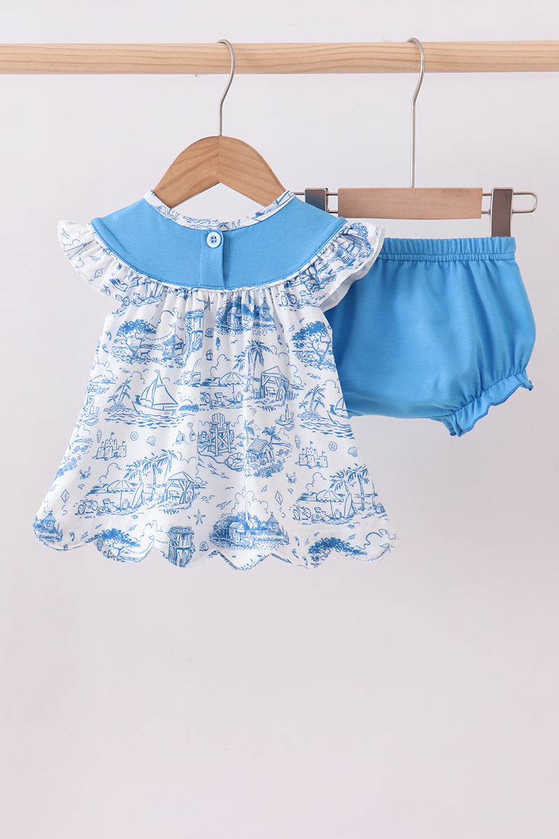 Blue mama's girl embroidery ruffle bloomer set