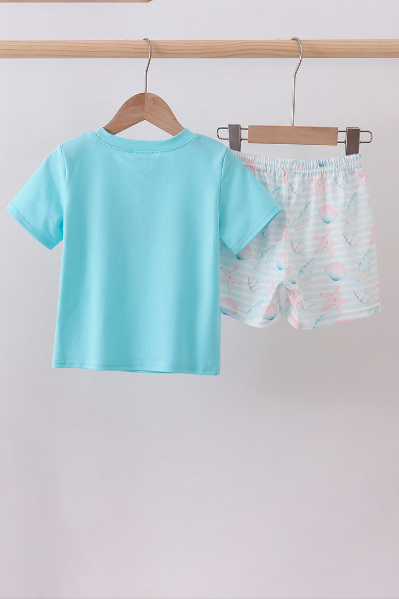 Blue shell starfish embroidery shorts set