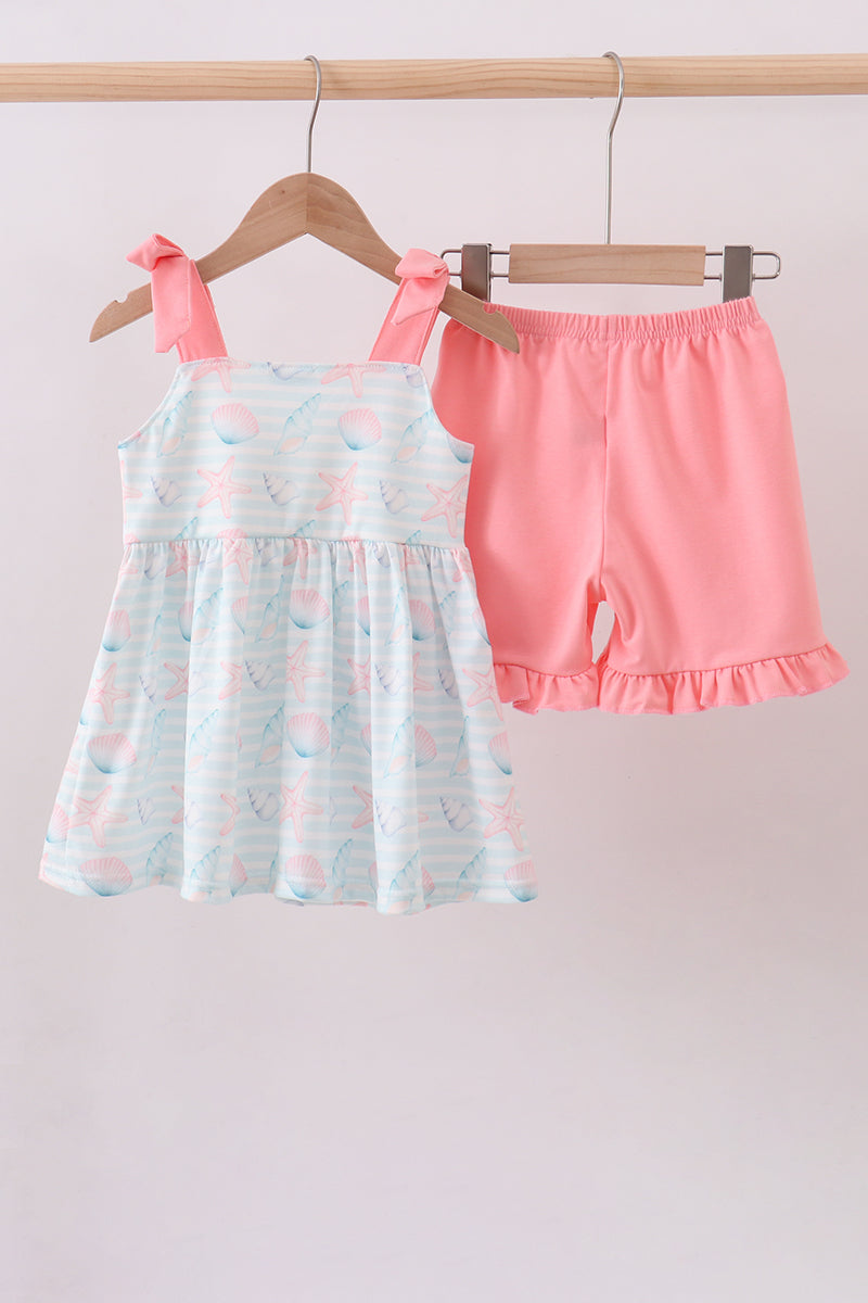 Pink shell starfish embroidery ruffle shorts set