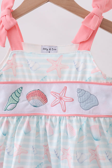 Pink shell starfish embroidery bow ruffle dress