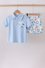 Blue sailboat print shorts set