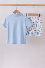 Blue sailboat print shorts set