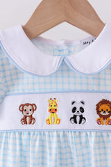 Blue zoo animal embroidery gingham puff sleeve romper