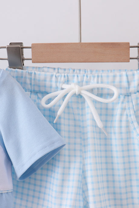 Blue zoo animal embroidery gingham shorts set