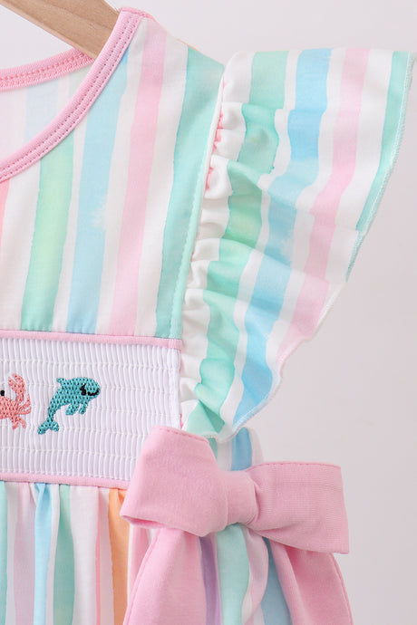 Multicolored stripe marine embroidery ruffle dress