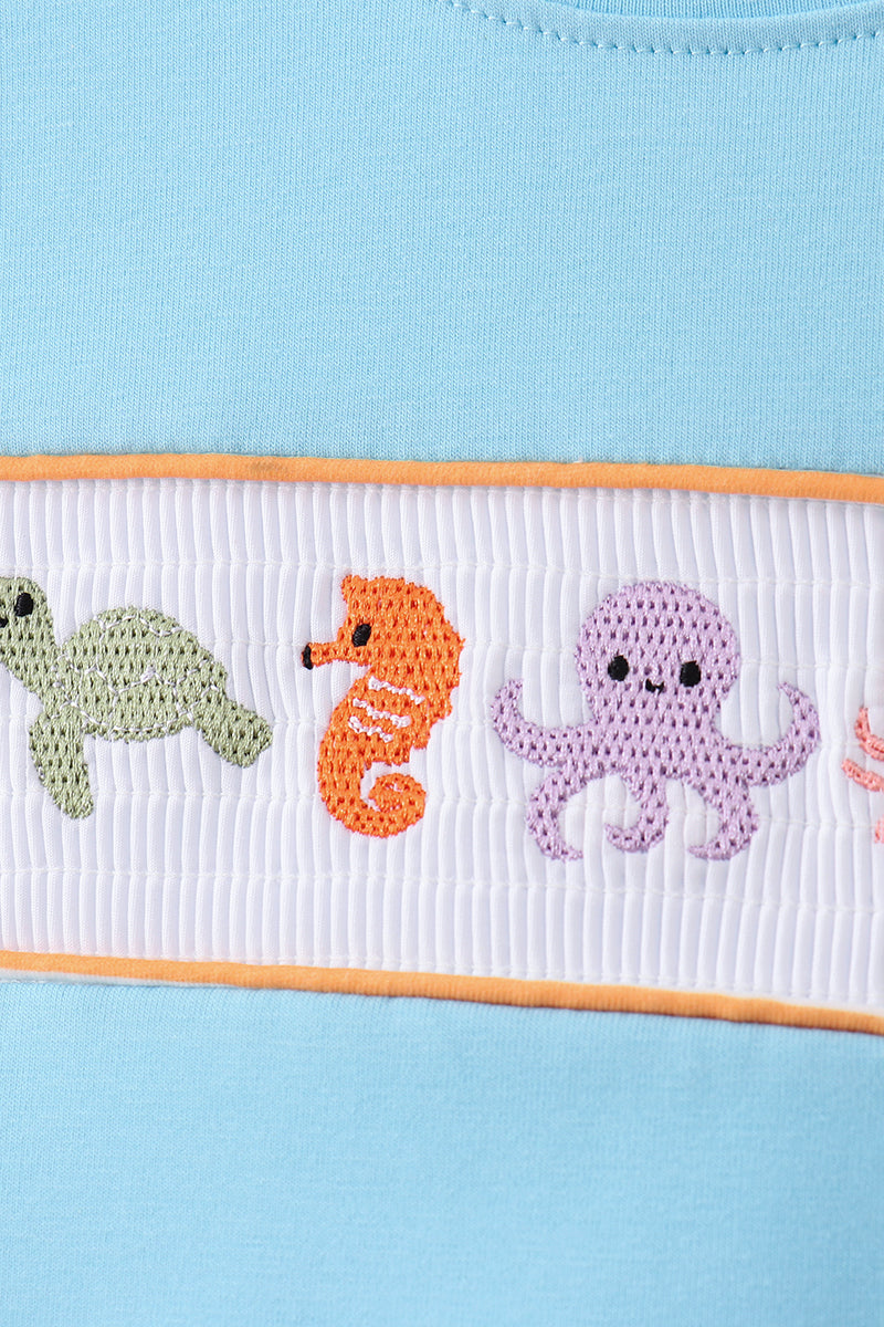 Blue marine embroidery stripe shorts set