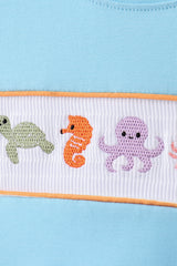 Blue marine embroidery stripe shorts set