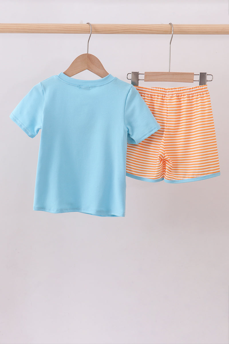 Blue marine embroidery stripe shorts set