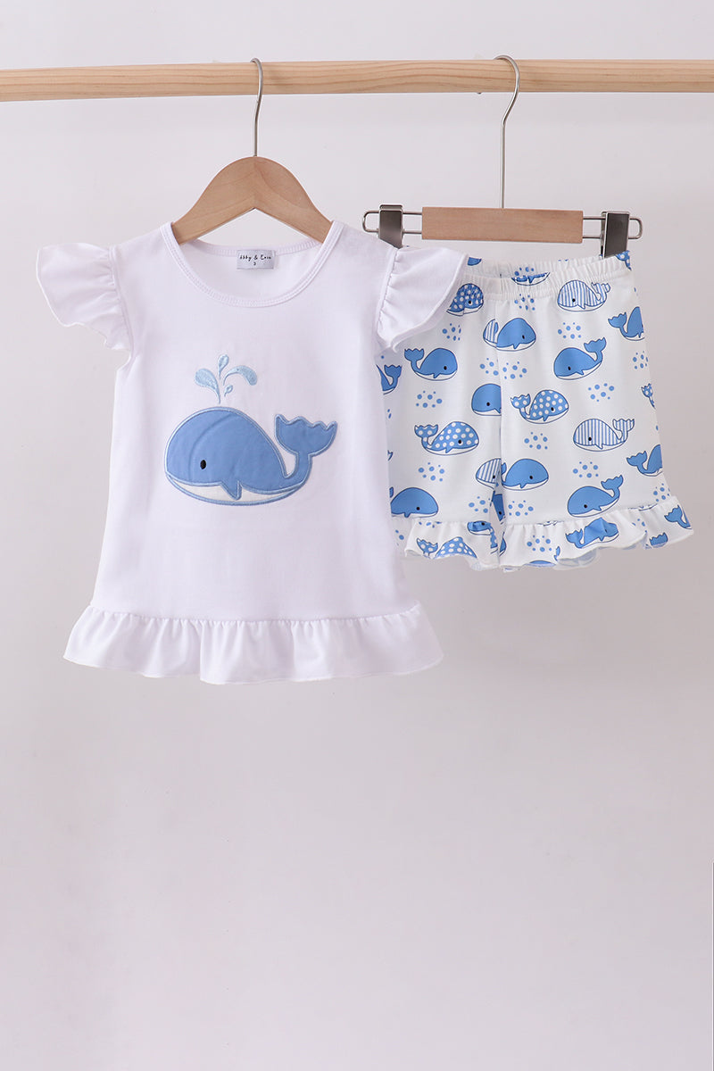 Blue whale applique ruffle shorts set