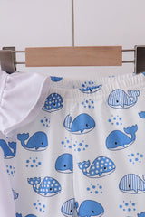 Blue whale applique ruffle shorts set