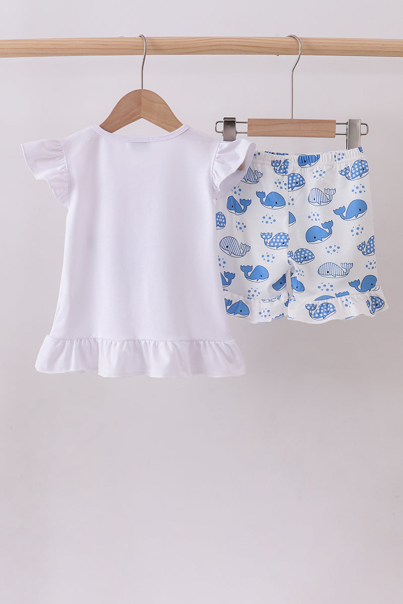 Blue whale applique ruffle shorts set