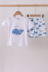 Blue whale applique shorts set