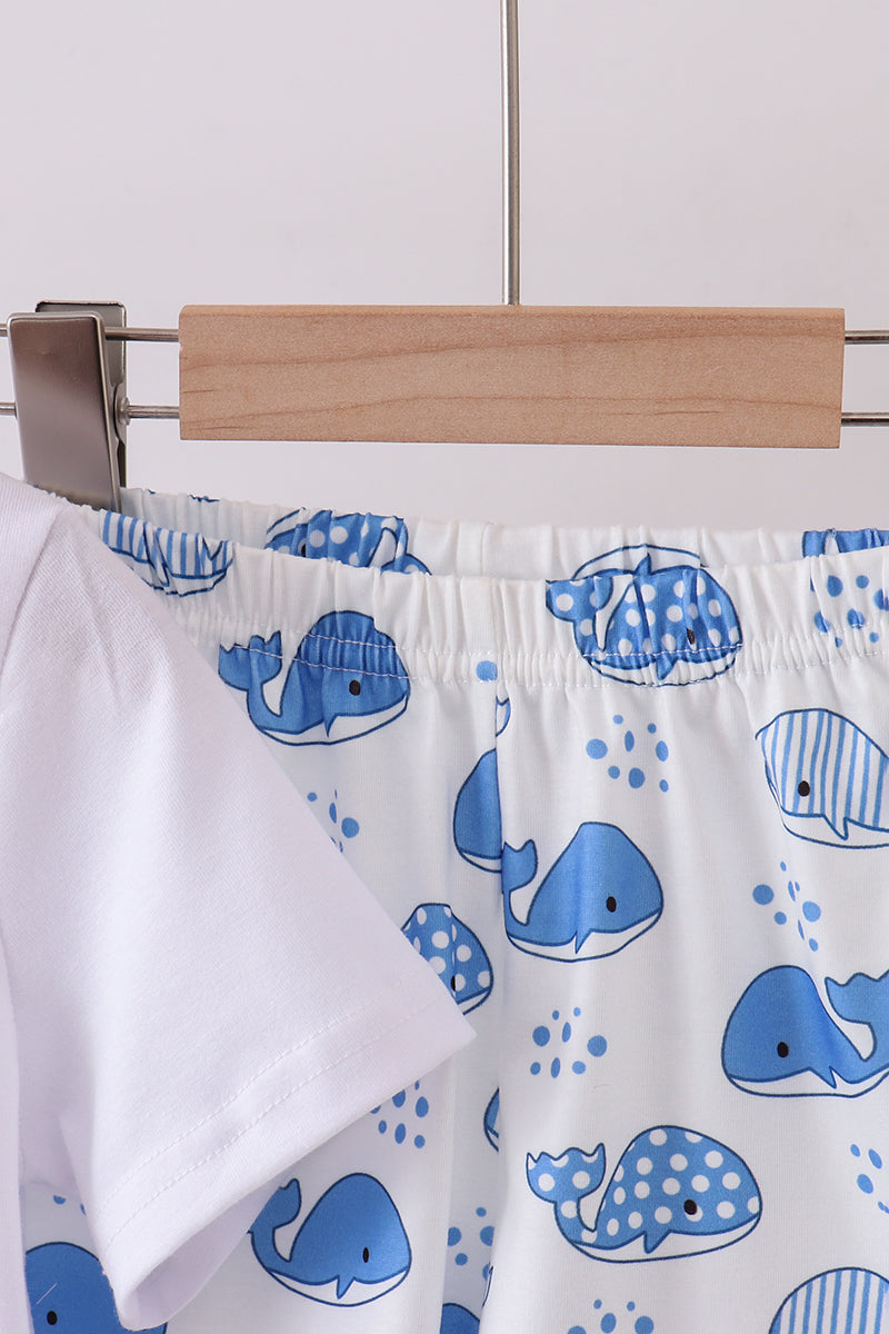 Blue whale applique shorts set