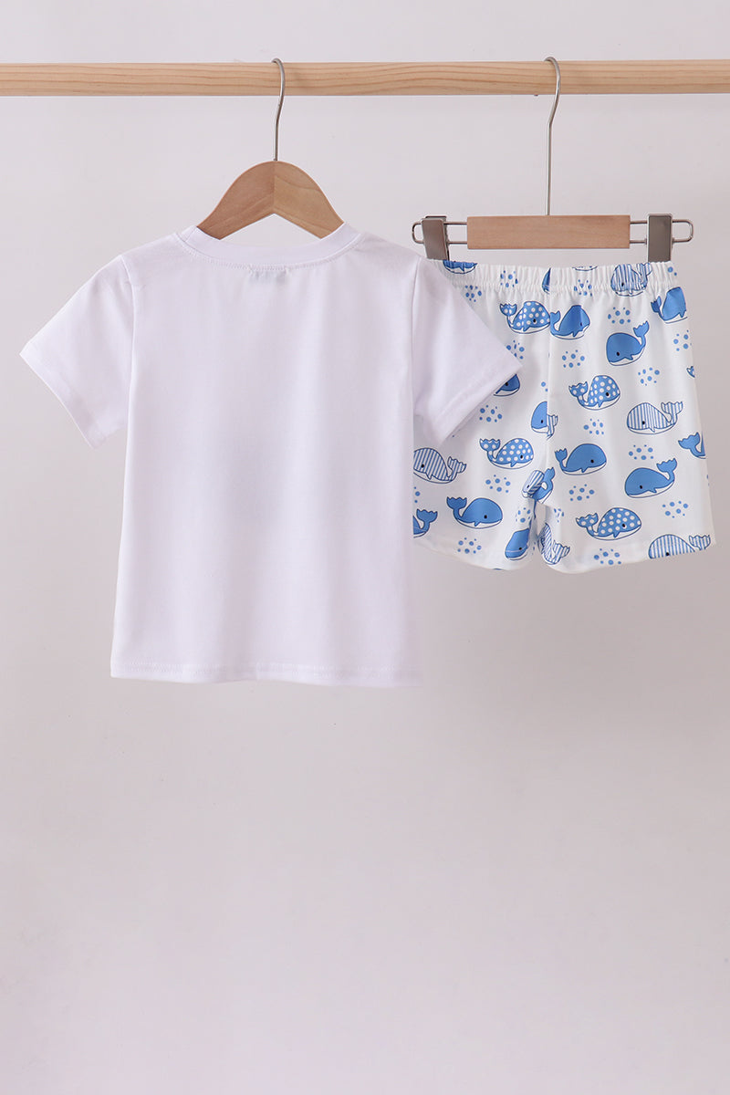 Blue whale applique shorts set