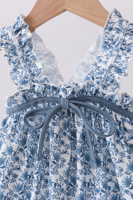 Blue floral print bow ruffle shorts set