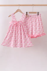 Pink floral print bow ruffle shorts set