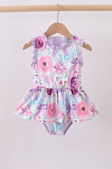 Purple floral print ruffle one-piece swimsuit