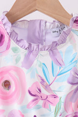 Purple floral print ruffle one-piece swimsuit