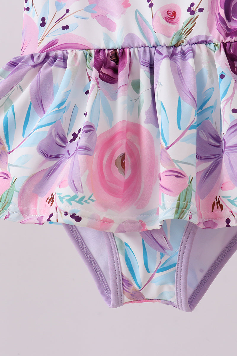 Purple floral print ruffle one-piece swimsuit