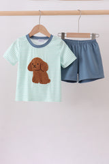 Green stripe puppy french knot shorts set