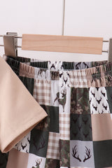 Green hunting deer embroidery checkered shorts set