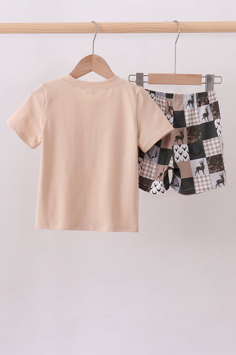 Green hunting deer embroidery checkered shorts set