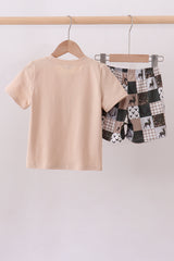 Green hunting deer embroidery checkered shorts set