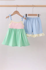 Color block ruffle shorts set