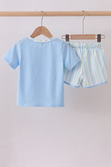 Blue stripe print shorts set