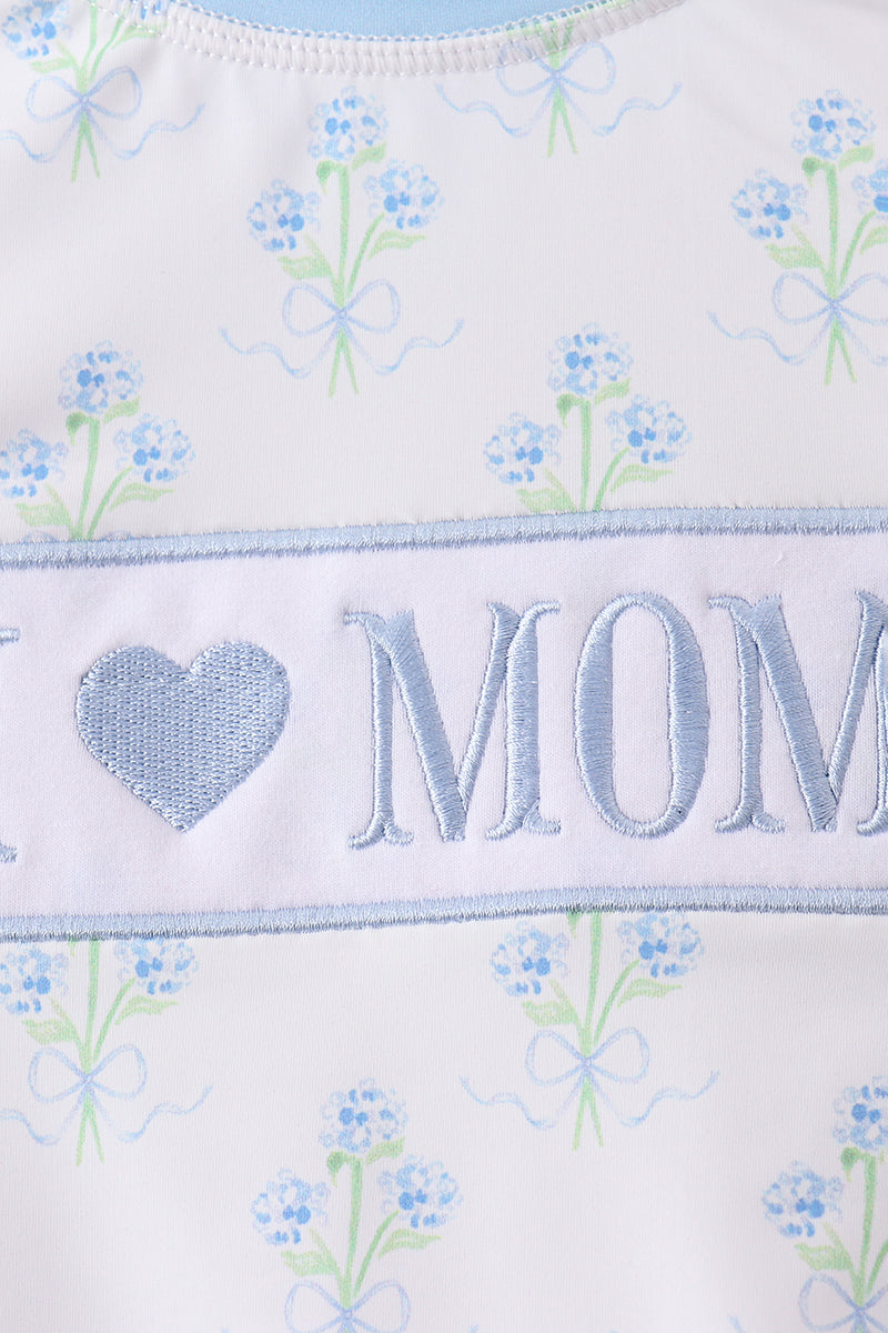 Blue I love MOM embroidery hydrangea rashgaurd