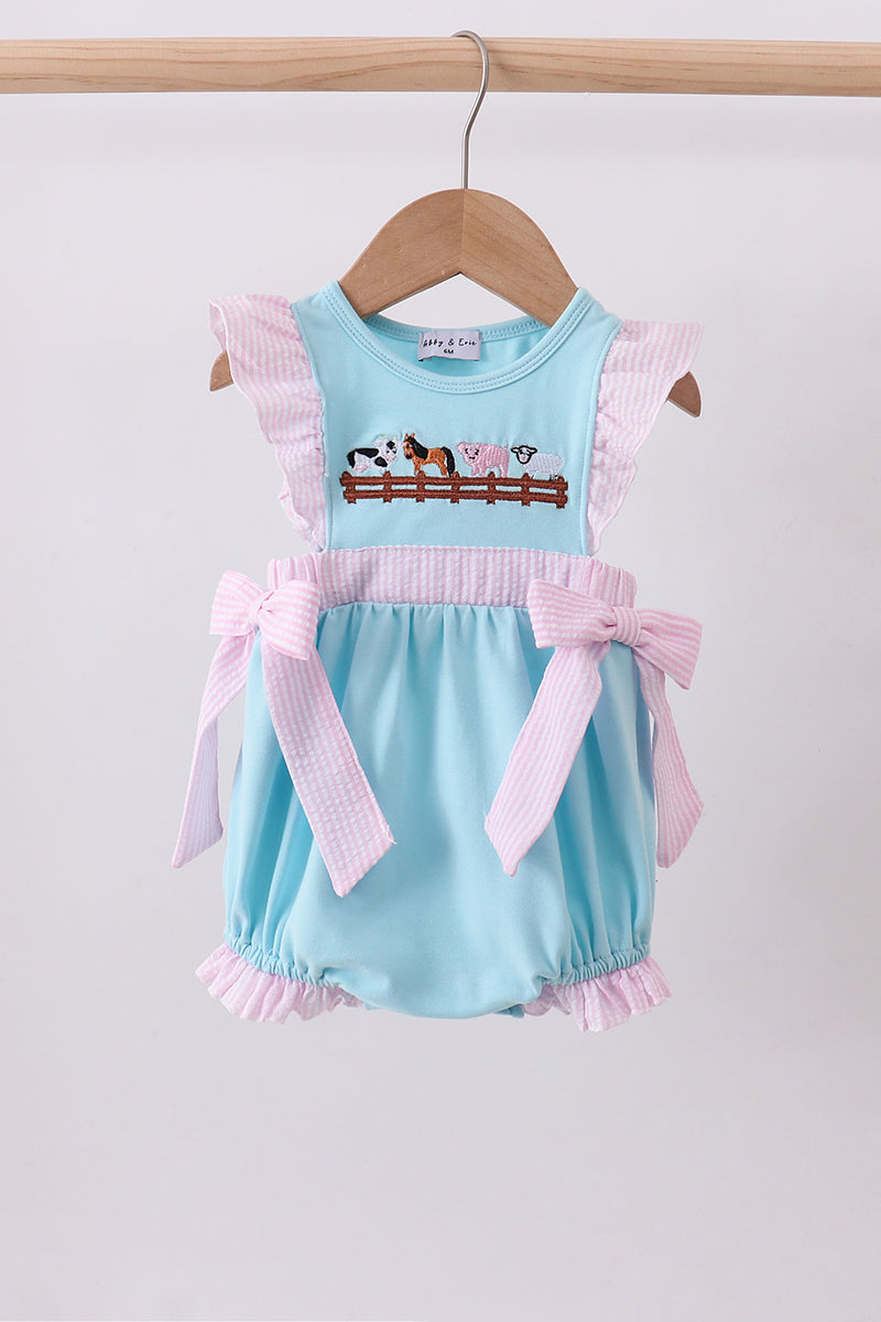 Blue farm animal embroidery seersucker ruffle bubble