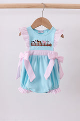 Blue farm animal embroidery seersucker ruffle bubble