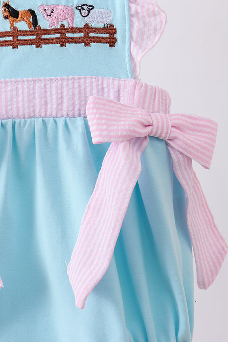 Blue farm animal embroidery seersucker ruffle bubble