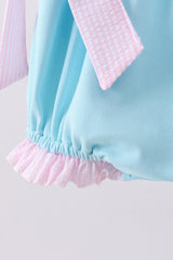 Blue farm animal embroidery seersucker ruffle bubble