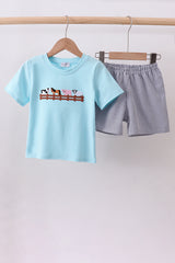 Blue farm animal embroidery shorts set