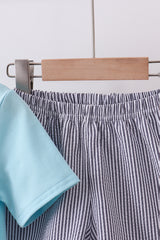 Blue farm animal embroidery shorts set