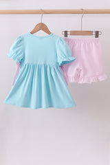 Blue farm animal embroidery ruffle shorts set