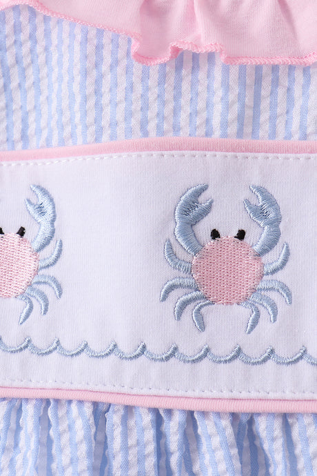 Blue crab embroidery seersucker ruffle shorts set