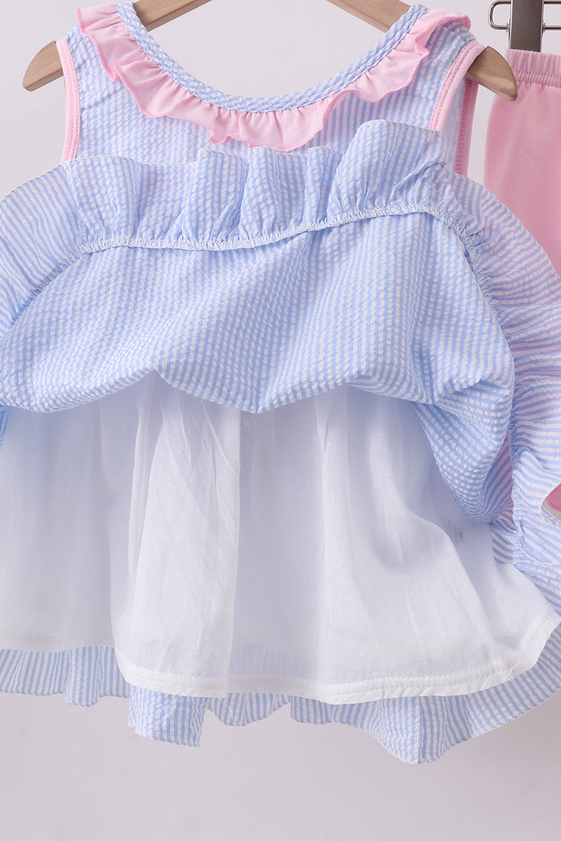 Blue crab embroidery seersucker ruffle shorts set