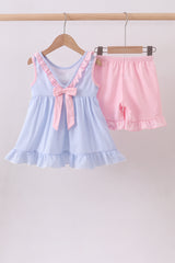 Blue crab embroidery seersucker ruffle shorts set