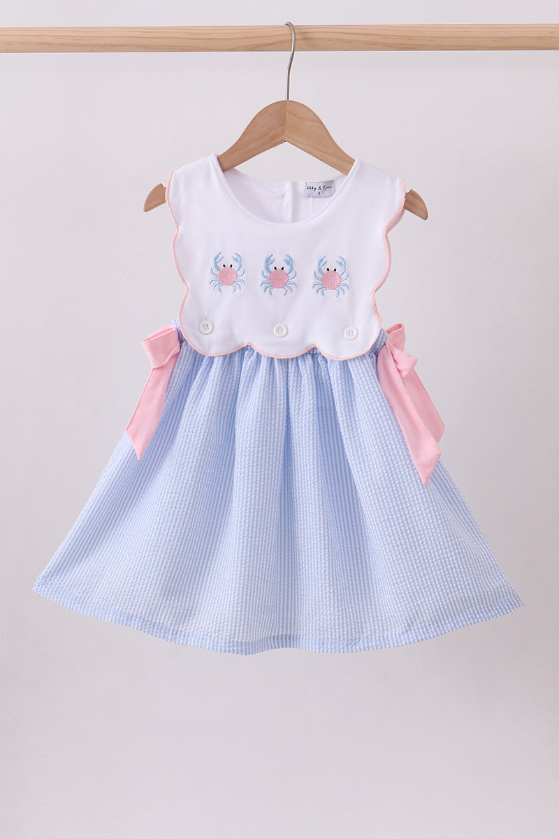 Blue crab embroidery seersucker bow dress